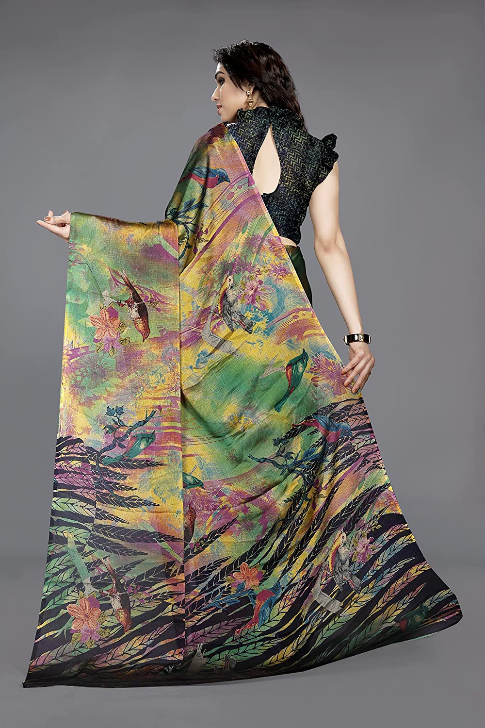 NOZ2TOZ Women Party Wear Printed Chiffon Silk Saree with Unstitched Blouse - Rama