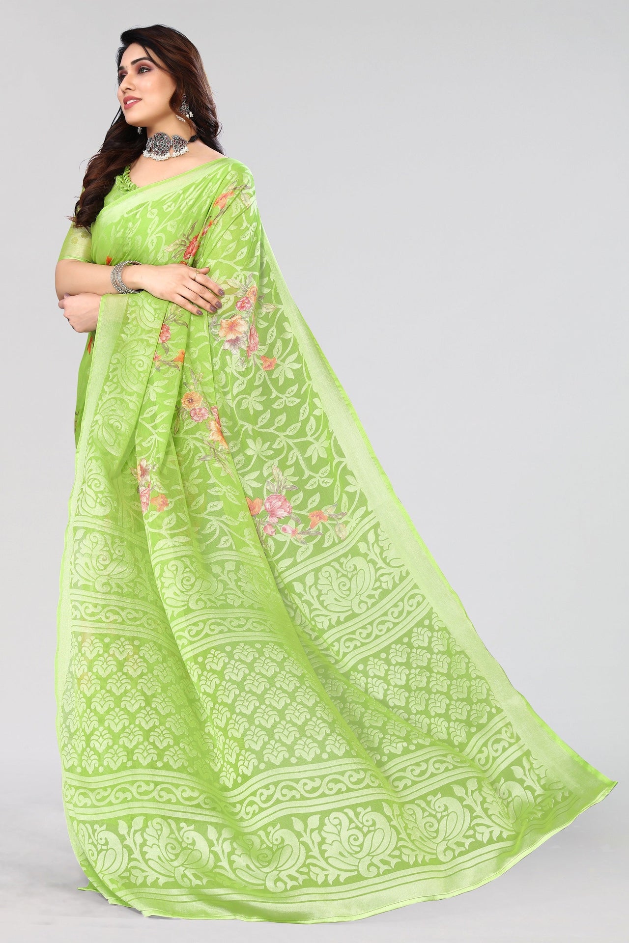 NOZ2TOZ Women Party Wear Printed Brasso Chiffon Saree with Unstitched Blouse - Pista Green