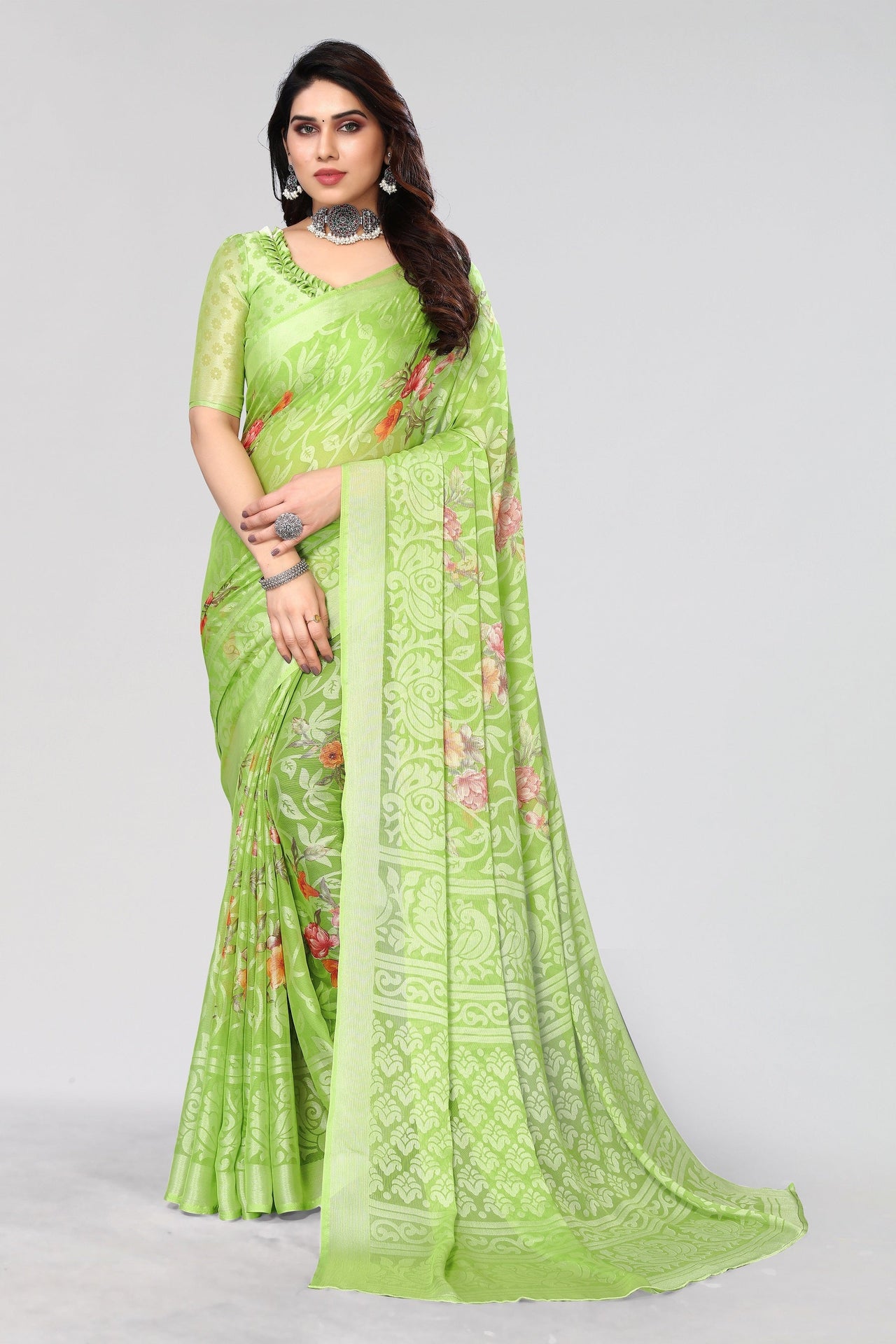 NOZ2TOZ Women Party Wear Printed Brasso Chiffon Saree with Unstitched Blouse - Pista Green