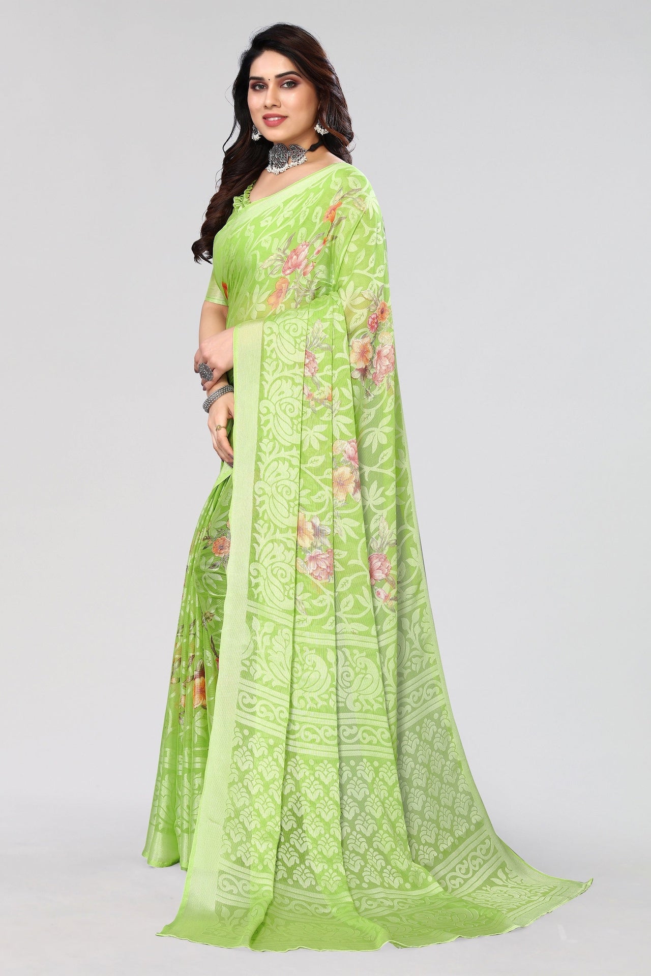 NOZ2TOZ Women Party Wear Printed Brasso Chiffon Saree with Unstitched Blouse - Pista Green
