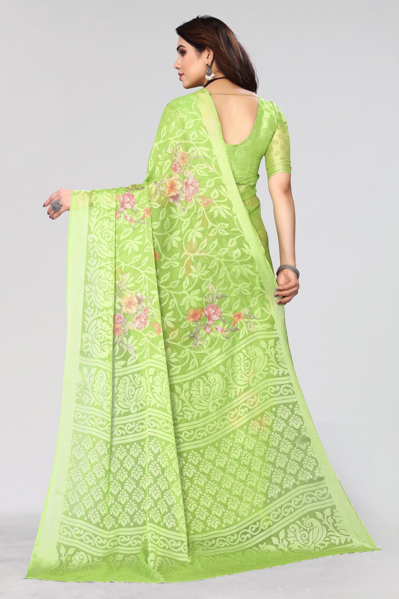NOZ2TOZ Women Party Wear Printed Brasso Chiffon Saree with Unstitched Blouse - Pista Green
