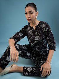 Thumbnail for NOZ2TOZ Women Party Wear Flower Printed Co-Ord Set With Pant - Black