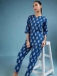 Thumbnail for NOZ2TOZ Women Party Wear Flower Printed Co-Ord Set With Pant - Royal Blue