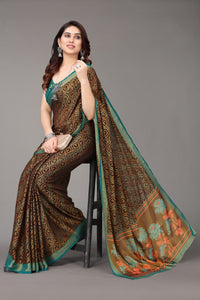 Thumbnail for NOZ2TOZ Women Party Wear Printed Brasso Chiffon Saree with Unstitched Blouse - Brown