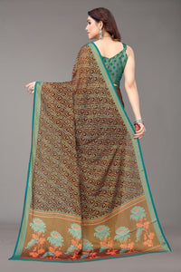 Thumbnail for NOZ2TOZ Women Party Wear Printed Brasso Chiffon Saree with Unstitched Blouse - Brown