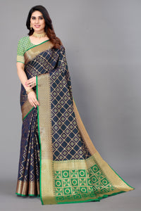 Thumbnail for NOZ2TOZ Women Party Wear Leheriya Style Banarasi Silk Saree with Unstitched Blouse - Navy Blue