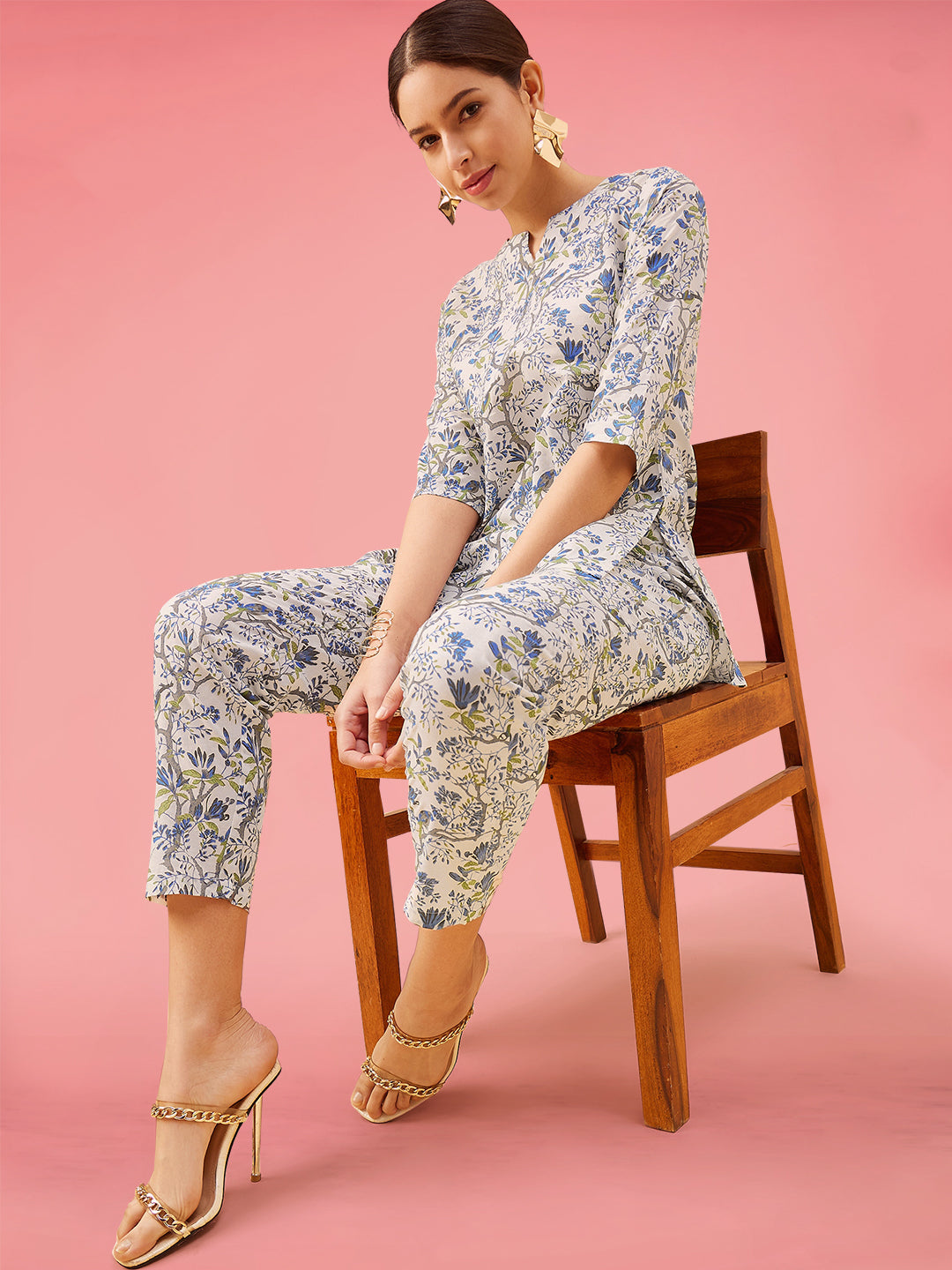 NOZ2TOZ Women Party Wear Flower Printed Co-Ord Set With Pant - White
