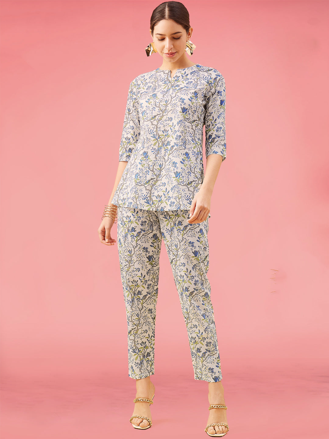 NOZ2TOZ Women Party Wear Flower Printed Co-Ord Set With Pant - White