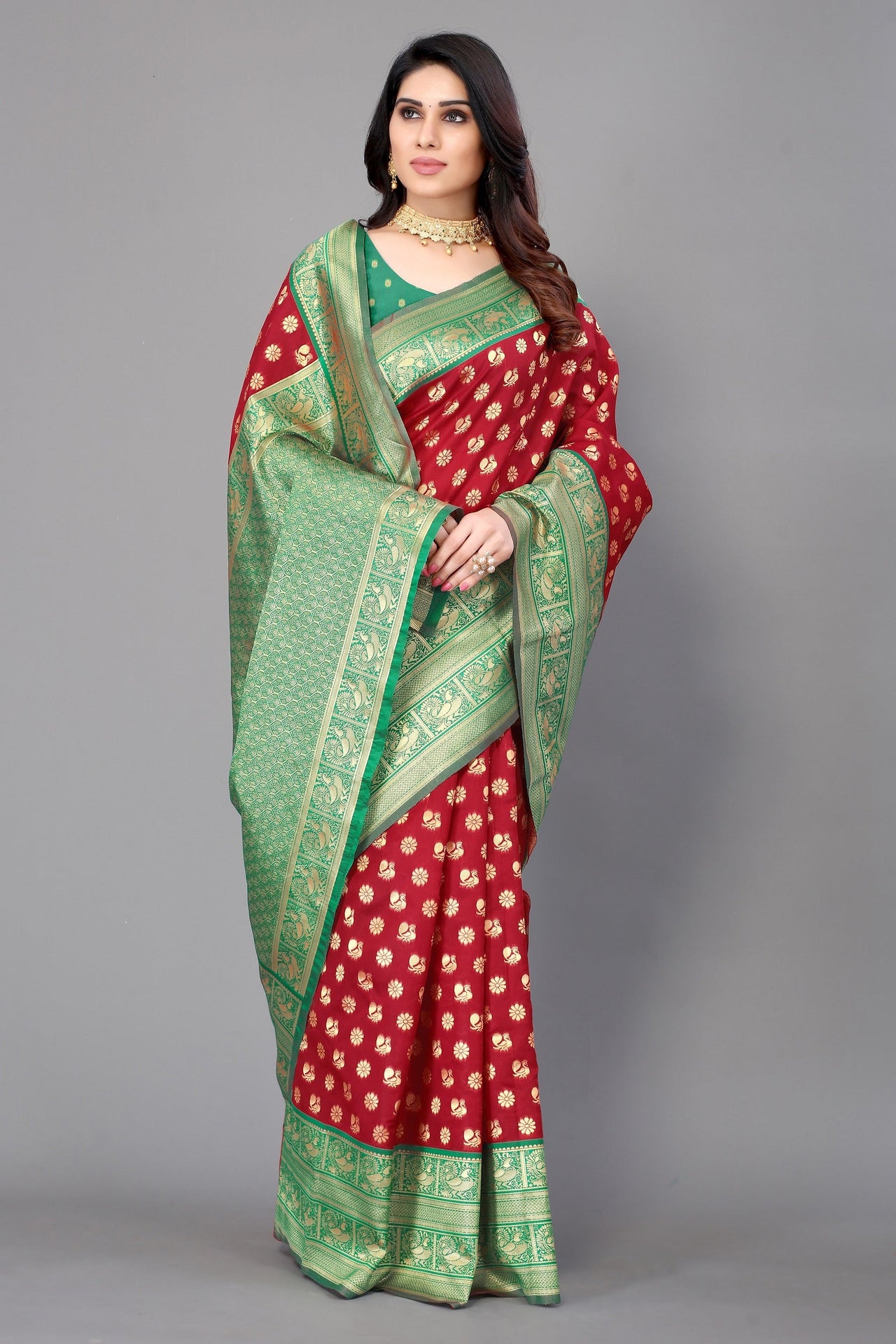 NOZ2TOZ Women Party Wear Bandhani Style Banarasi Silk Saree with Unstitched Blouse - Maroon