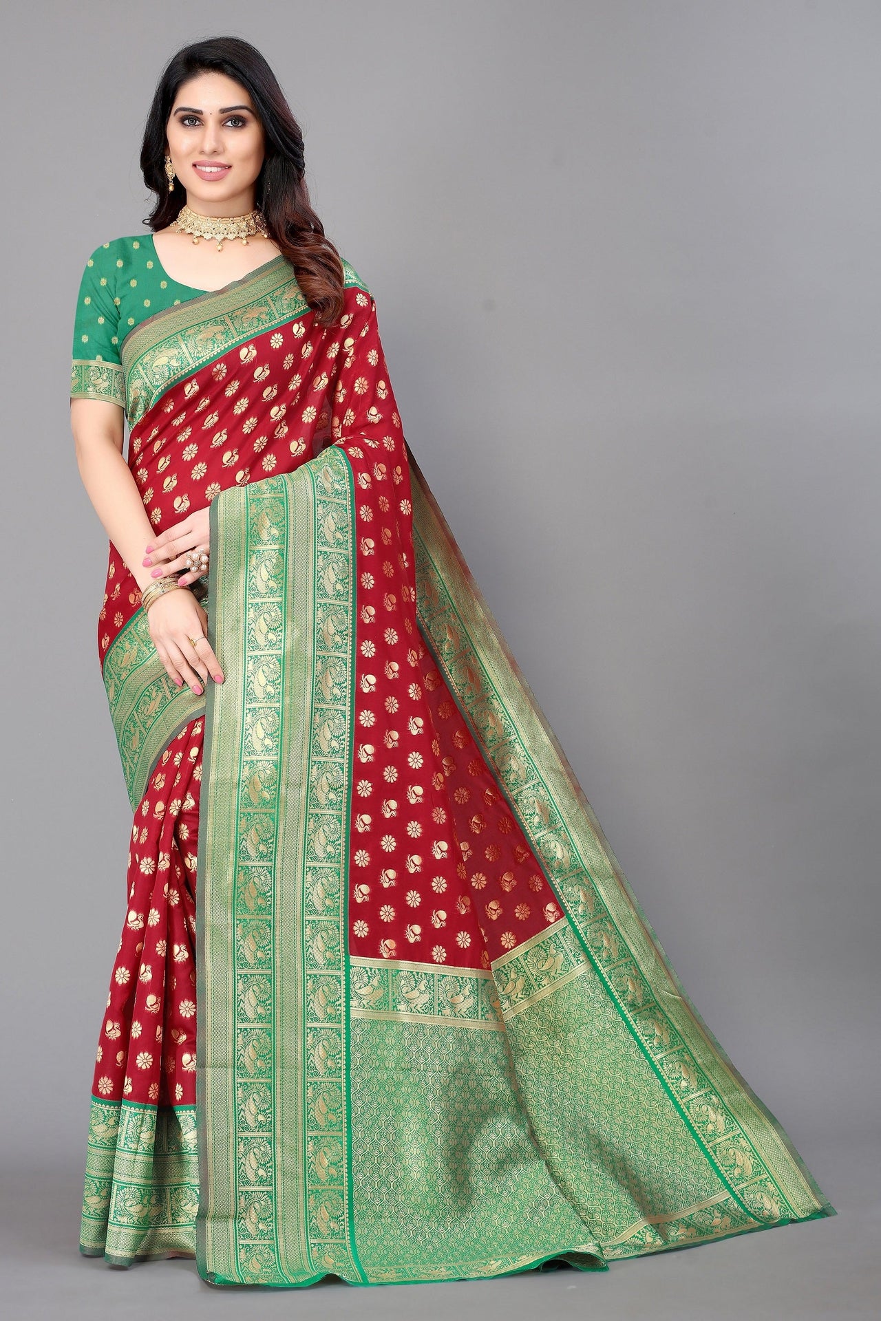NOZ2TOZ Women Party Wear Bandhani Style Banarasi Silk Saree with Unstitched Blouse - Maroon