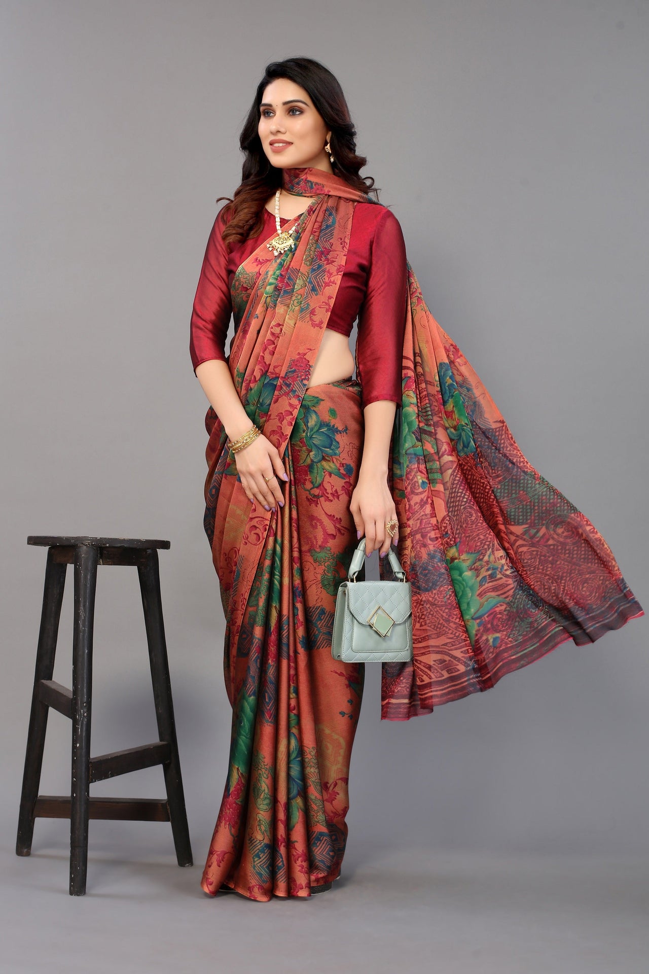 NOZ2TOZ Women Party Wear Printed Chiffon Silk Saree with Unstitched Blouse - Tomato