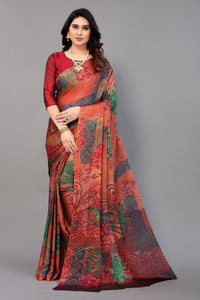 Thumbnail for NOZ2TOZ Women Party Wear Printed Chiffon Silk Saree with Unstitched Blouse - Tomato
