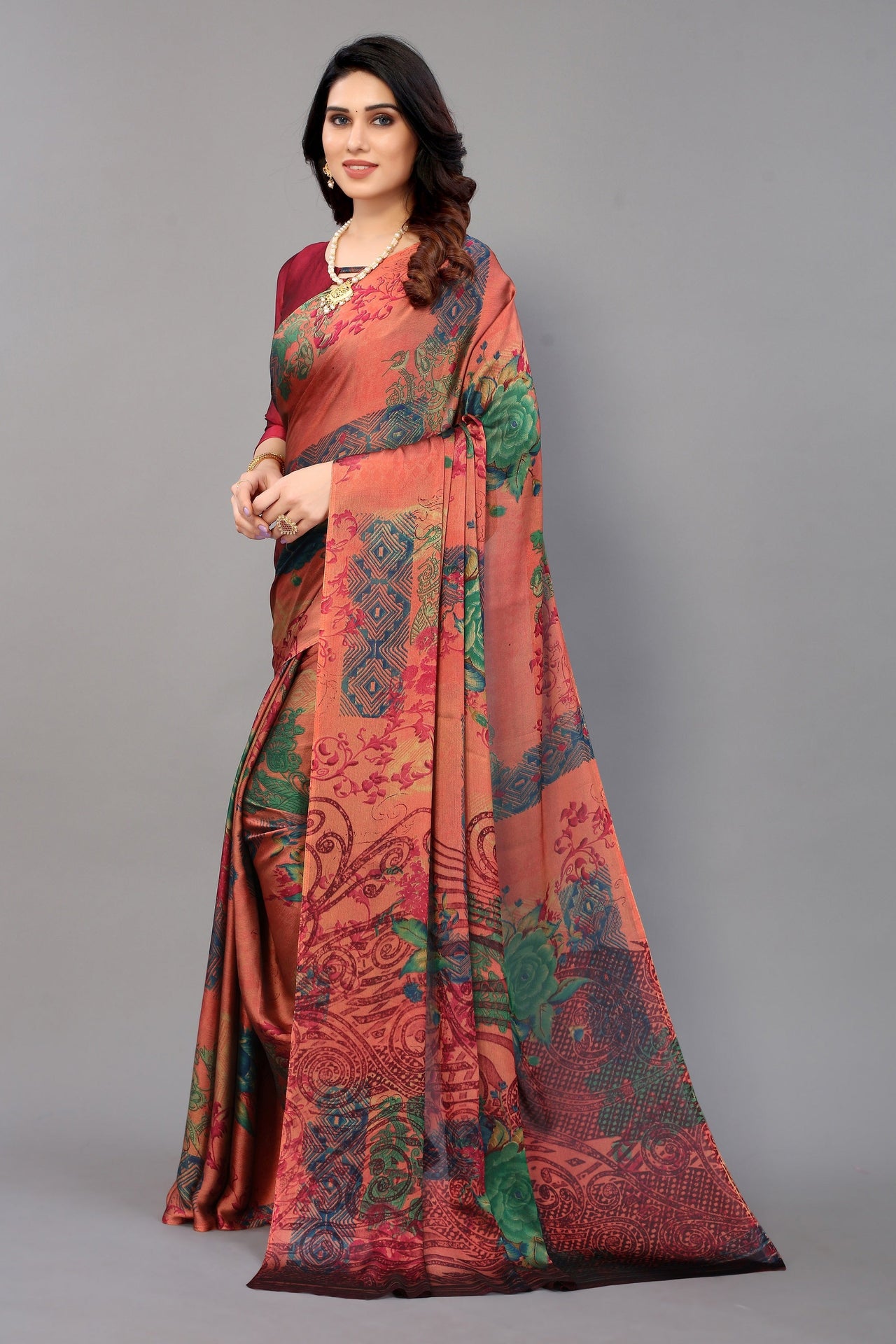 NOZ2TOZ Women Party Wear Printed Chiffon Silk Saree with Unstitched Blouse - Tomato