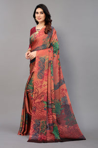 Thumbnail for NOZ2TOZ Women Party Wear Printed Chiffon Silk Saree with Unstitched Blouse - Tomato