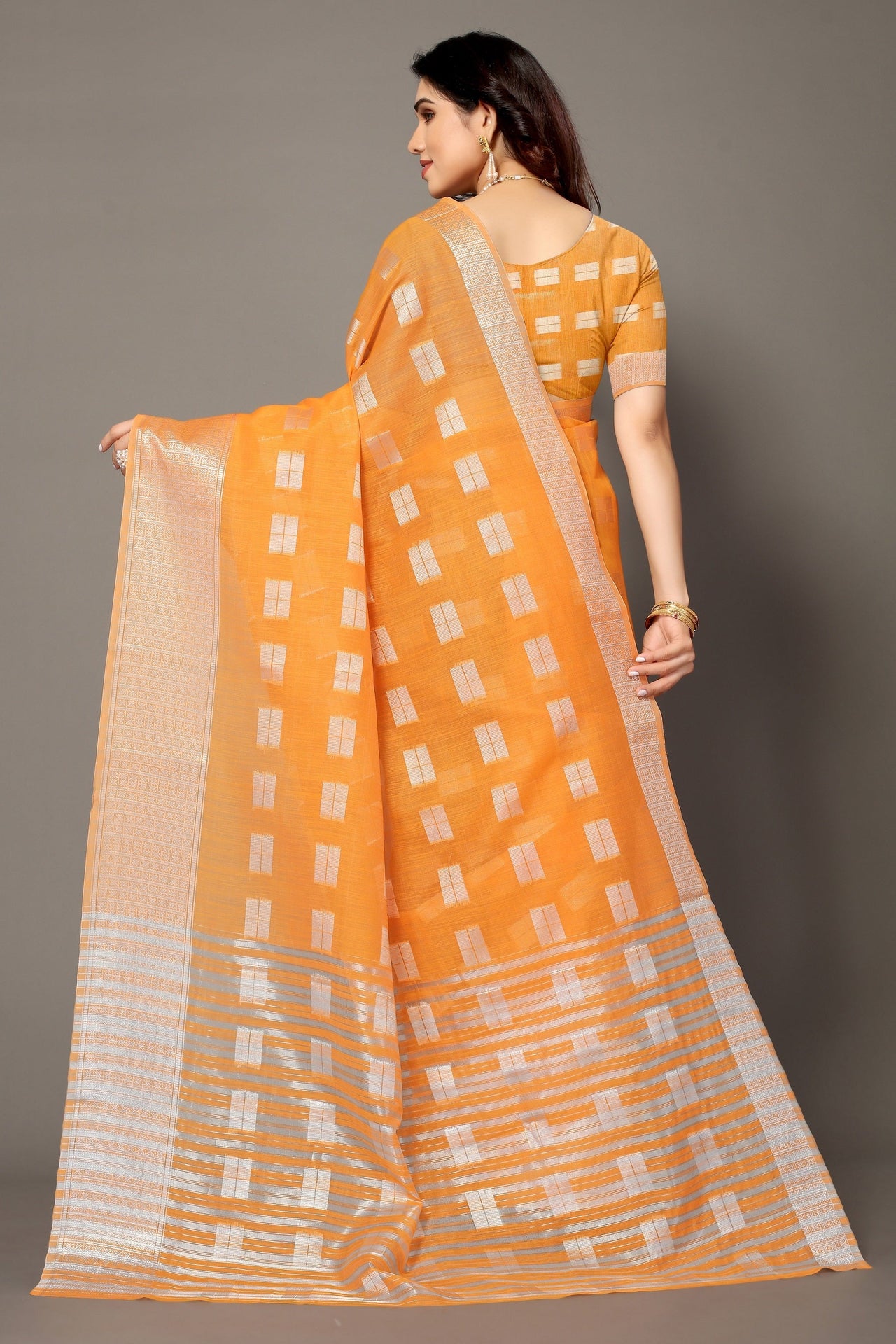 NOZ2TOZ Women Party Wear Banarasi Silk Saree with Unstitched Blouse - Orange