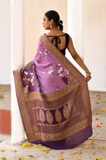 Thumbnail for Joban Fashion Plum Purple Crepe Chiffon Pure Handloom Banarasi Silk Saree