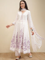 Thumbnail for Vishudh White Embroidered Pure Cotton Anarkali Panelled Kurta With Trousers & Dupatta - Distacart