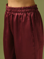Thumbnail for Myshka Women's Maroon Solid Satin V-Neck Party Tunic With Trousers Co-ord set - Distacart