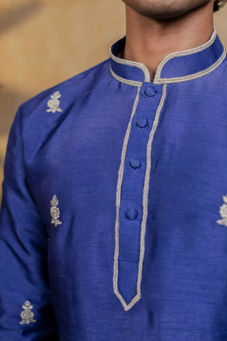 Falling Raw Silk Dark Blue Silver Stitches Kurta Set By Hilo Design