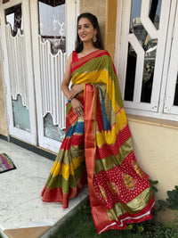 Thumbnail for NOZ2TOZ Women Party Wear Bandhani Leheriya Print Dhola Silk Saree with Unstitched Blouse - Multicolour