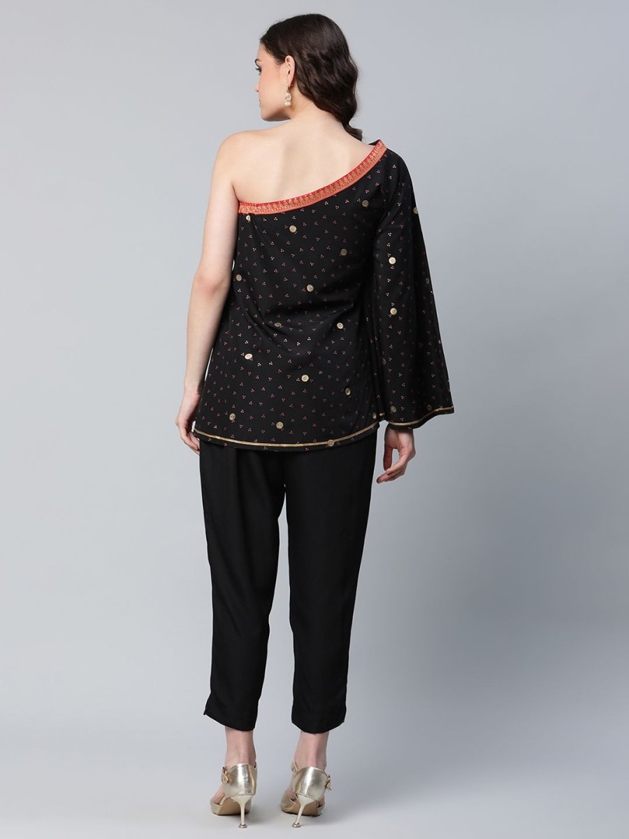 Ahalyaa Women Black Crepe Printed Top with Trouser Set - Distacart
