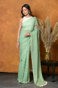Thumbnail for Very Much Indian Designer Mul Cotton Handloom Saree with Sequins - Sea Green - Distacart