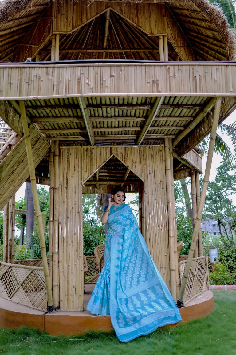 Partywear Designer Sky Blue Jamdani contton Fancy Saree - Starwalk - Distacart