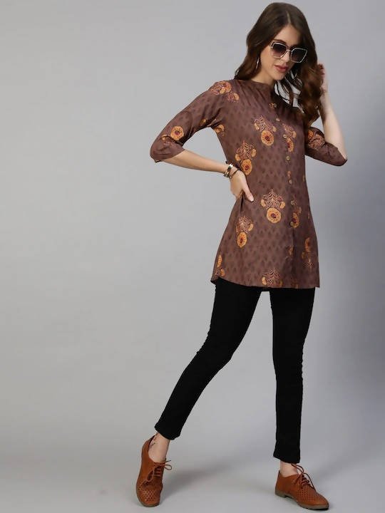 Anubhutee Brown & Yellow Floral Foil Printed Kurti - Distacart