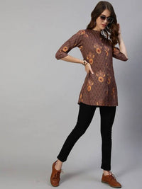 Thumbnail for Anubhutee Brown & Yellow Floral Foil Printed Kurti - Distacart