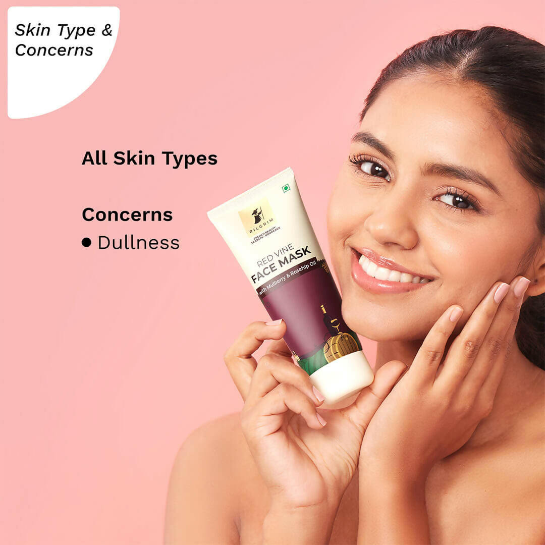Pilgrim Anti Ageing Red Vine Face Mask with Mulberry Extracts & Rosehip Oil For Glowing Skin, De-Tan, Dark Spots, Blackheads Removal - Distacart