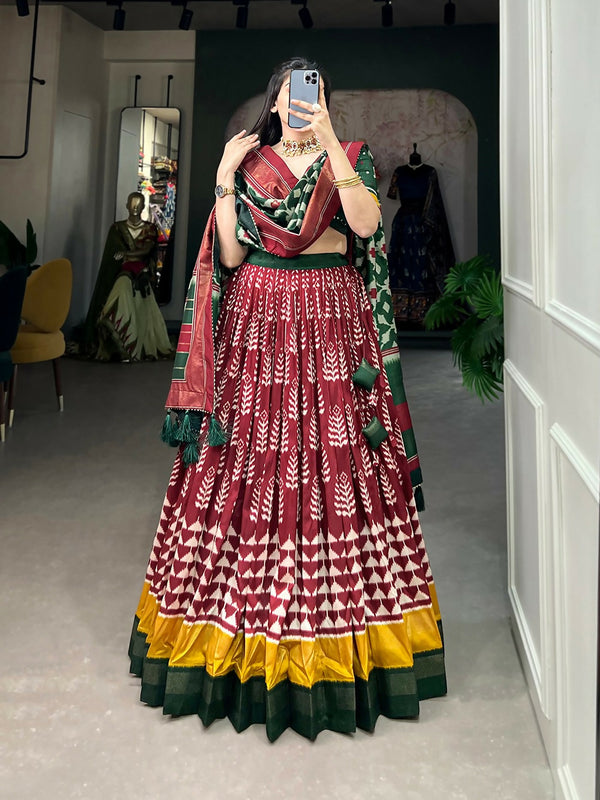 Vastranavya Traditional Printed Tusser Silk Lehenga Choli - Maroon - Distacart