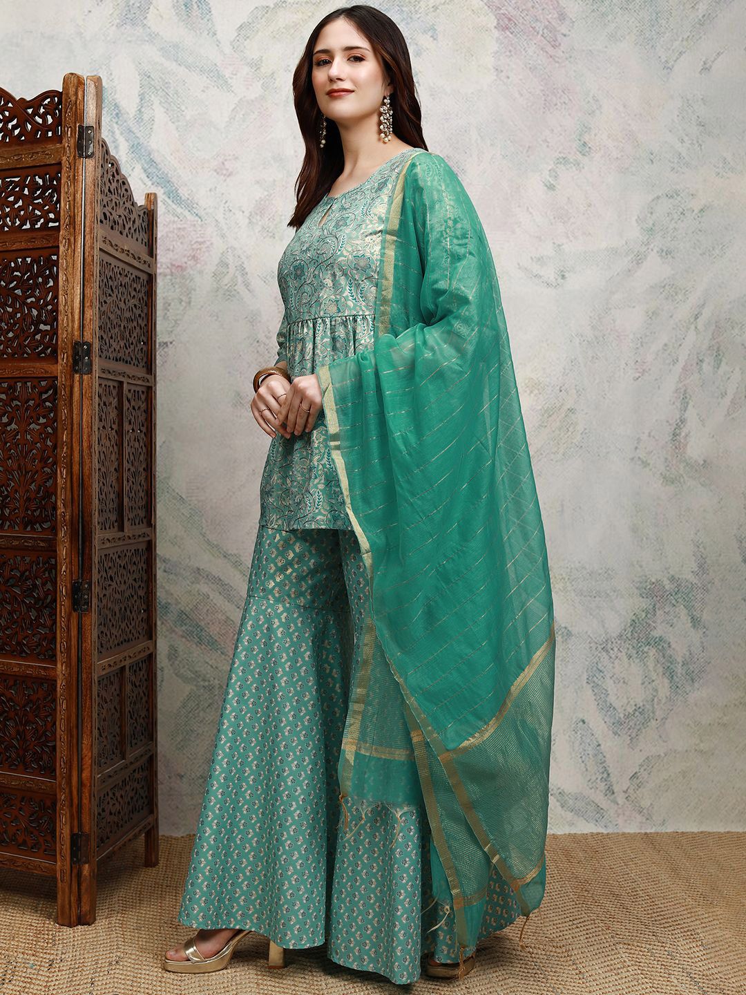 Vishudh Floral Printed Keyhole Neck Anarkali Kurta with Sharara & Dupatta - Distacart