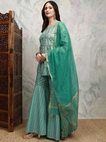 Thumbnail for Vishudh Floral Printed Keyhole Neck Anarkali Kurta with Sharara & Dupatta - Distacart