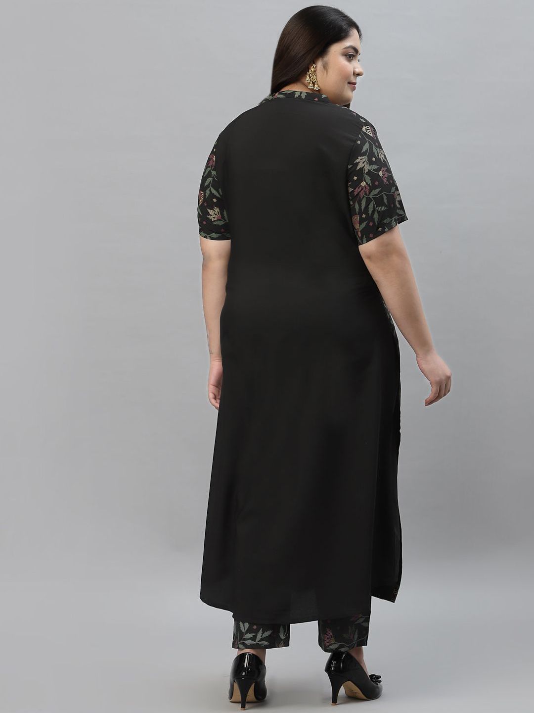 Sztori Plus Size Floral Foil Printed Mandarin Collar A-Line Kurta With Trouser - Distacart