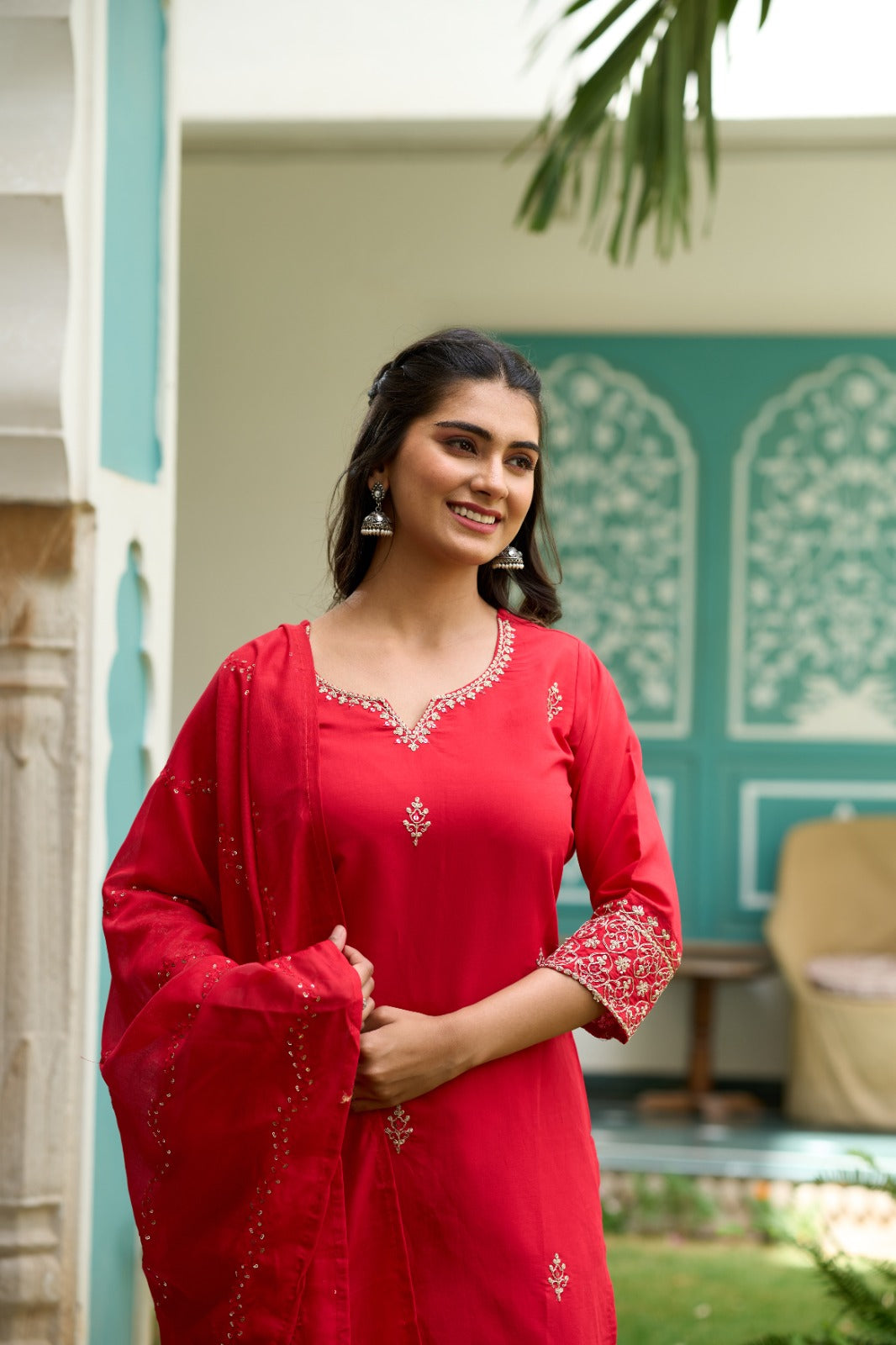 The52 Gajari Red Embroidered Chanderi Fabric Straight Kurta, Pant and Dupatta Set
