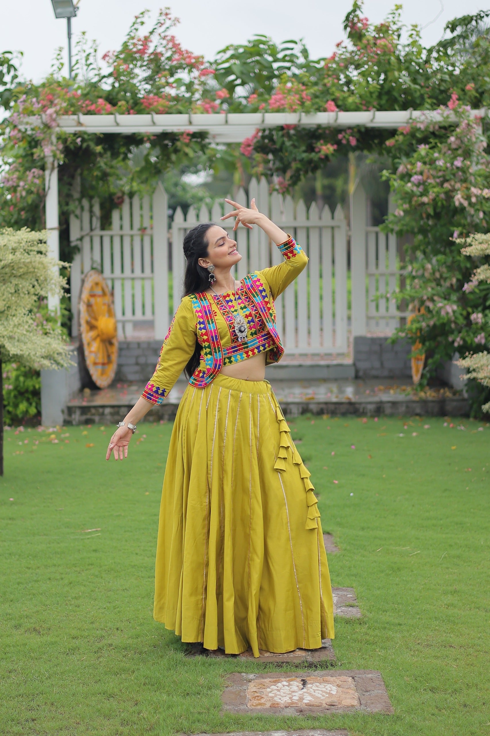 Evanik Navratri Parrot Roamn Fabric With Kutchi Work Koti Style Blouse Stitched Lehenga Choli