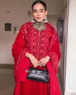 Thumbnail for trueBrowns Red Velvet Embroidered Slit Kurta - Distacart