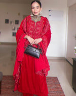 Thumbnail for trueBrowns Red Velvet Embroidered Slit Kurta - Distacart