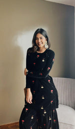 Thumbnail for trueBrowns Black Velvet Embroidered Kurta Sharara Set - Distacart