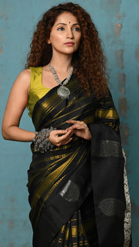 Thumbnail for Very Much Indian Anokhi - Handloom Pure Silk Designer Saree - Black and Yellow Designer (Limited Edition)