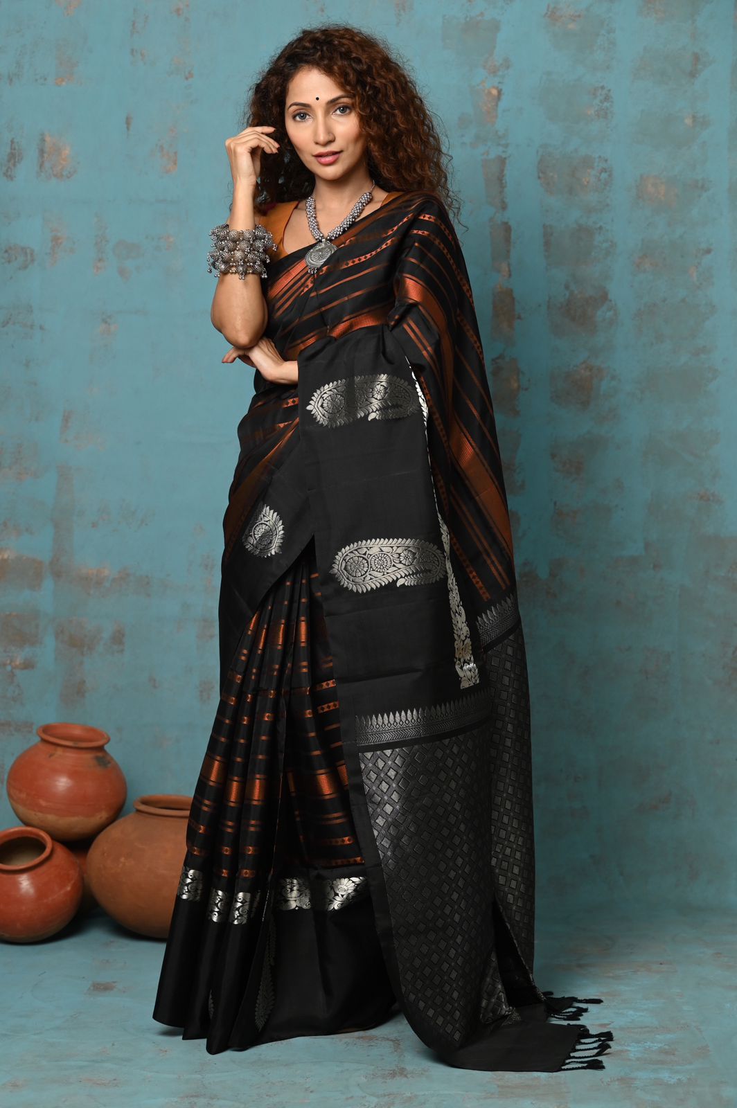 Very Much Indian Anokhi - Handloom Pure Silk Designer Saree - Black and Orange Designer (Limited Edition)