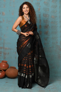 Thumbnail for Very Much Indian Anokhi - Handloom Pure Silk Designer Saree - Black and Orange Designer (Limited Edition)