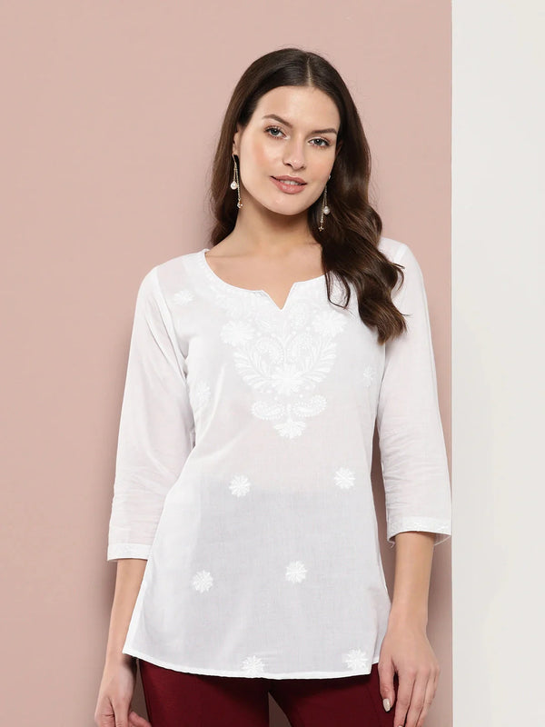 Yufta White Floral Chikankari Embroidered Pure Cotton Top - Distacart