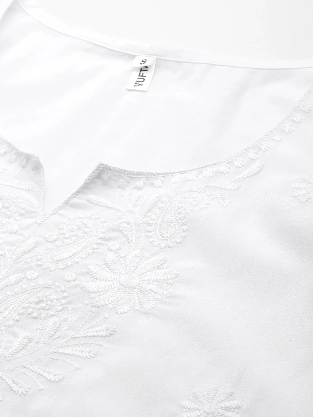 Yufta White Floral Chikankari Embroidered Pure Cotton Top - Distacart