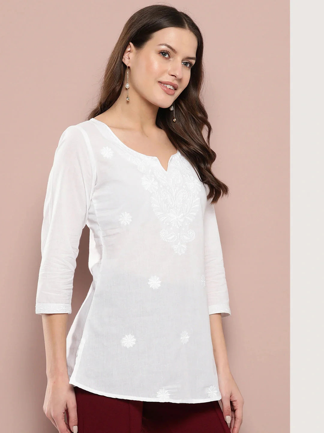 Yufta White Floral Chikankari Embroidered Pure Cotton Top - Distacart