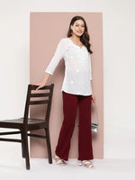 Thumbnail for Yufta White Floral Chikankari Embroidered Pure Cotton Top - Distacart