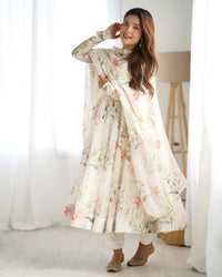 Thumbnail for Lorenvalley White Soft Organza Silk With Floral Print Fully Flared Anarkali Pant With Dupatta Set