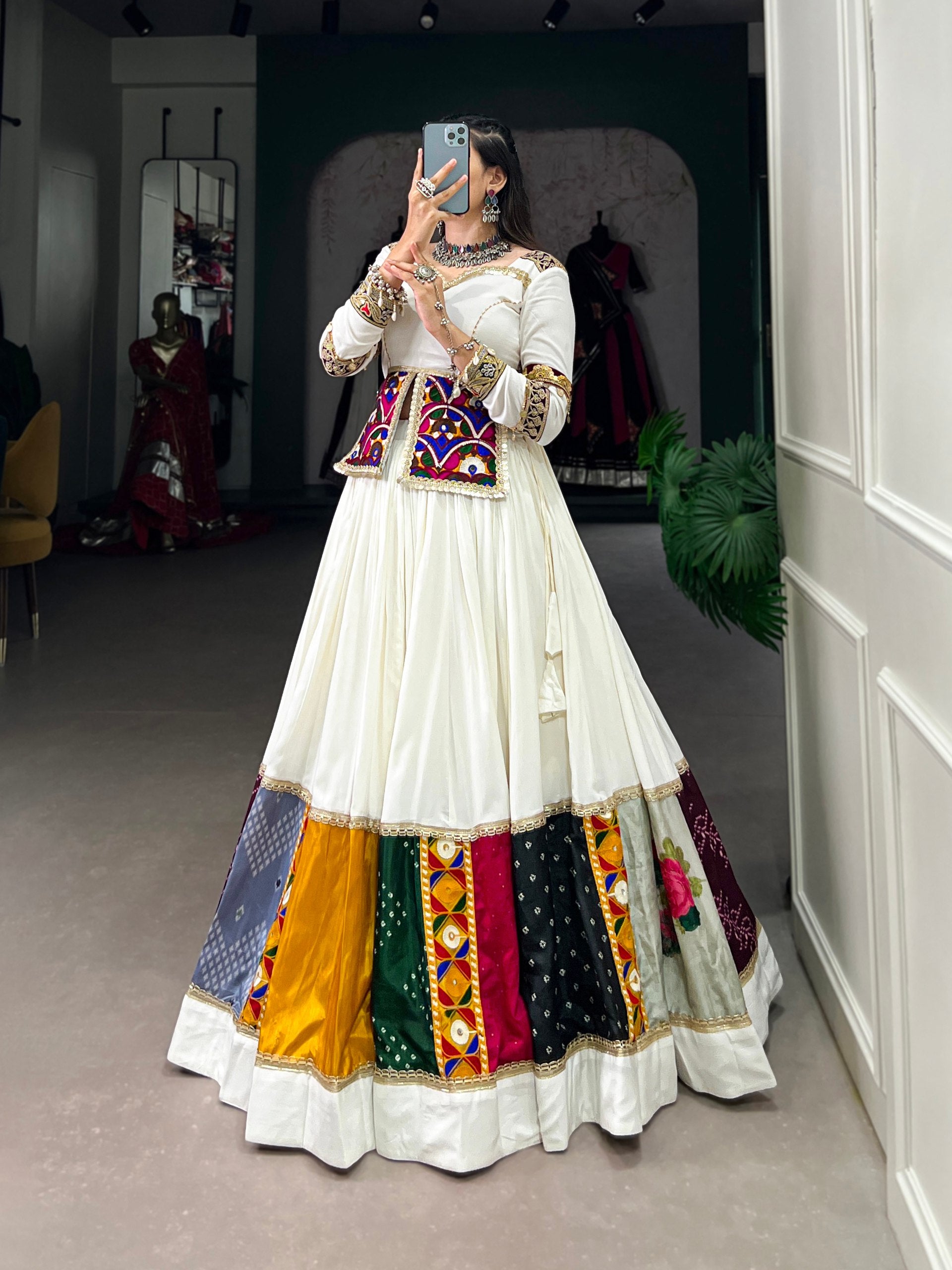 Lorenvalley White Rayon Plain With Embroidery And Gamthi Patch Work Lehenga Choli - Distacart