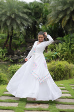 Thumbnail for Lorenvalley White Rayon Fabric With Kutchi Gamthi Lace Gown - Distacart