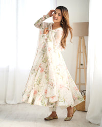 Thumbnail for Lorenvalley White Soft Organza Silk With Floral Print Fully Flared Anarkali Pant With Dupatta Set